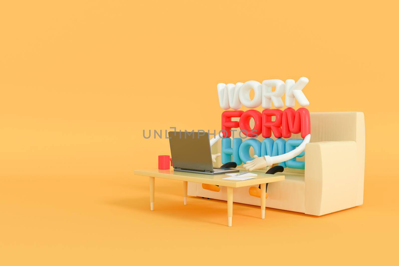 3d illustrator of the Characters who work at home run and with the computer notebook on the sofa