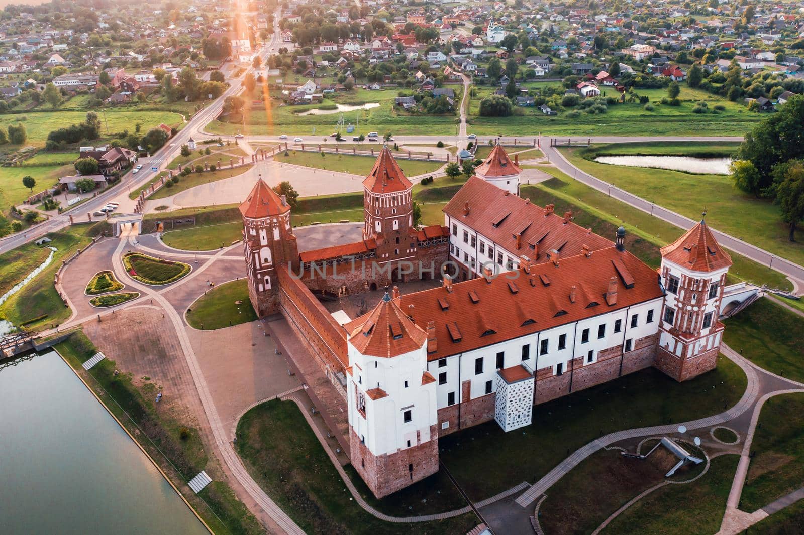 Mir castle with spires near the lake top view in Belarus near the city of Mir.