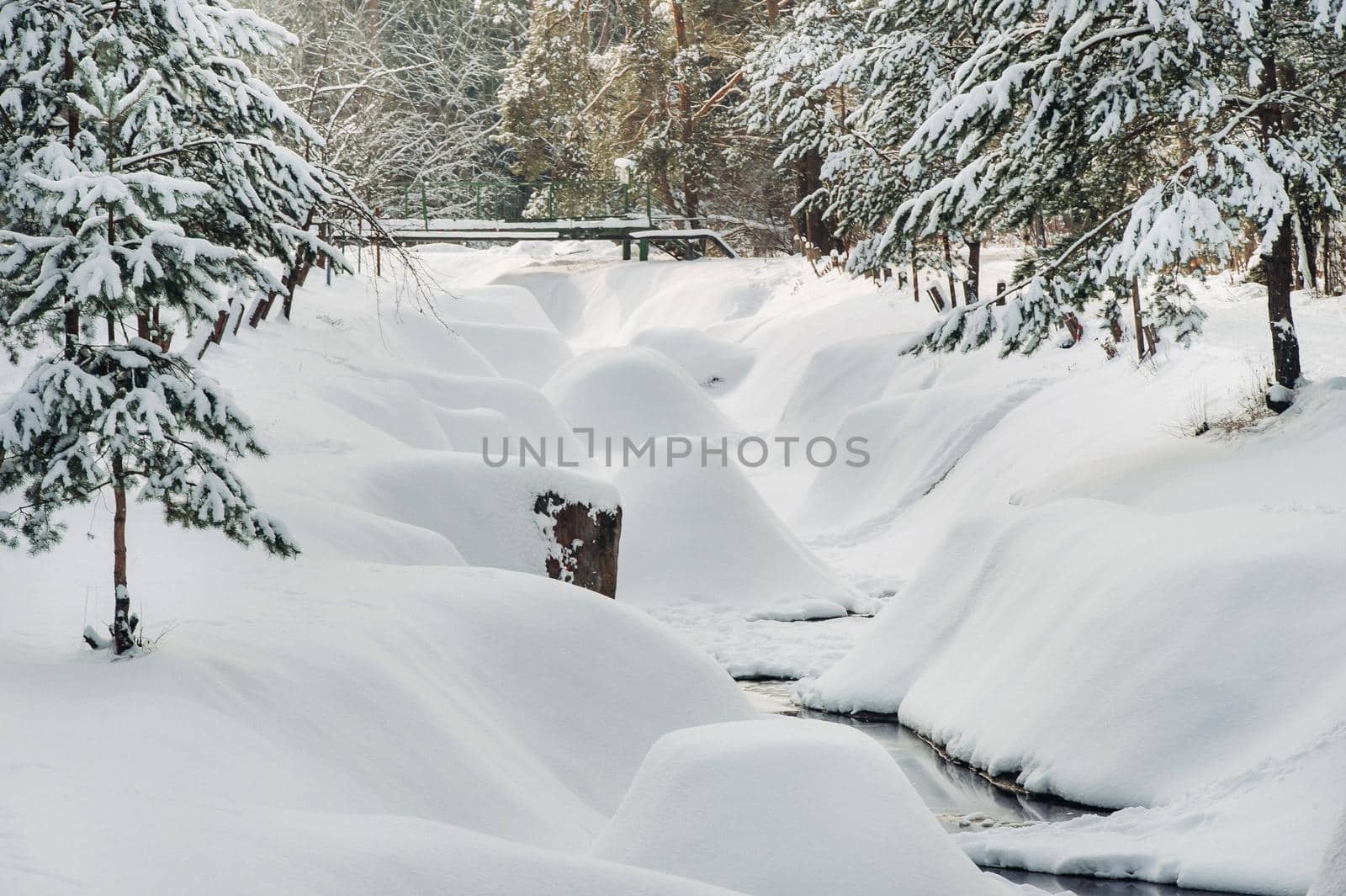 Winter landscape river in the snow, around the forest by Lobachad