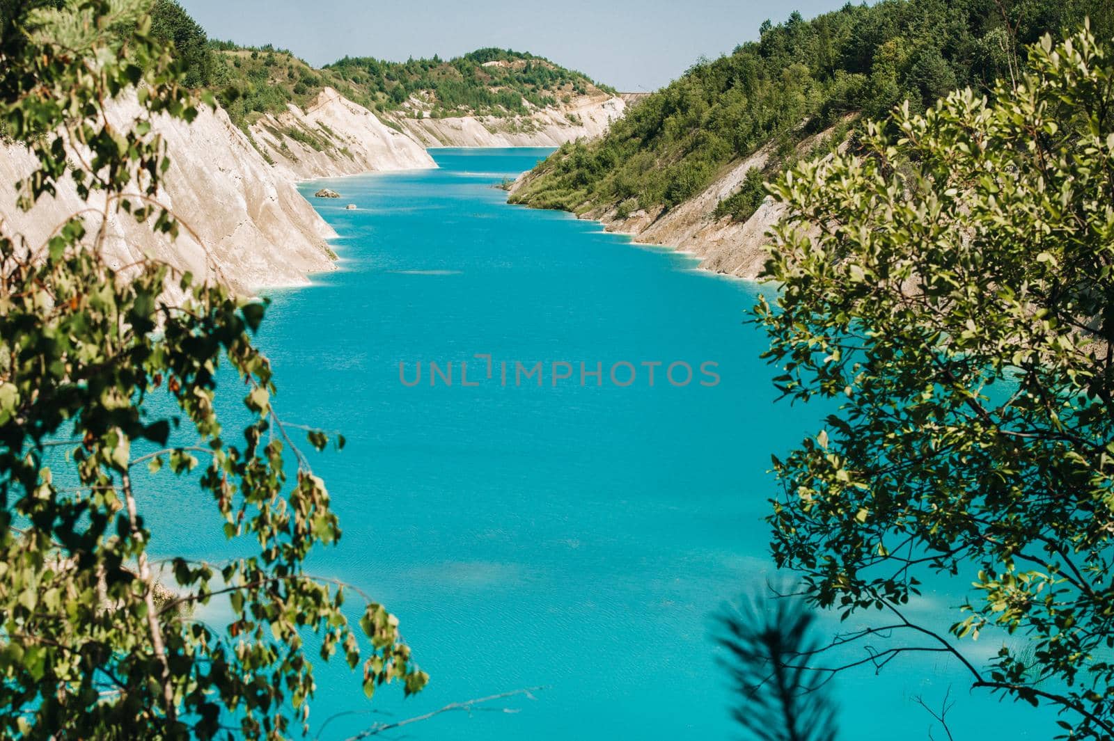 Volkovysk chalk pits or Belarusian Maldives beautiful saturated blue lakes. Famous chalk quarries near Vaukavysk, Belarus. Developed for the needs of Krasnaselski plant construction materials.