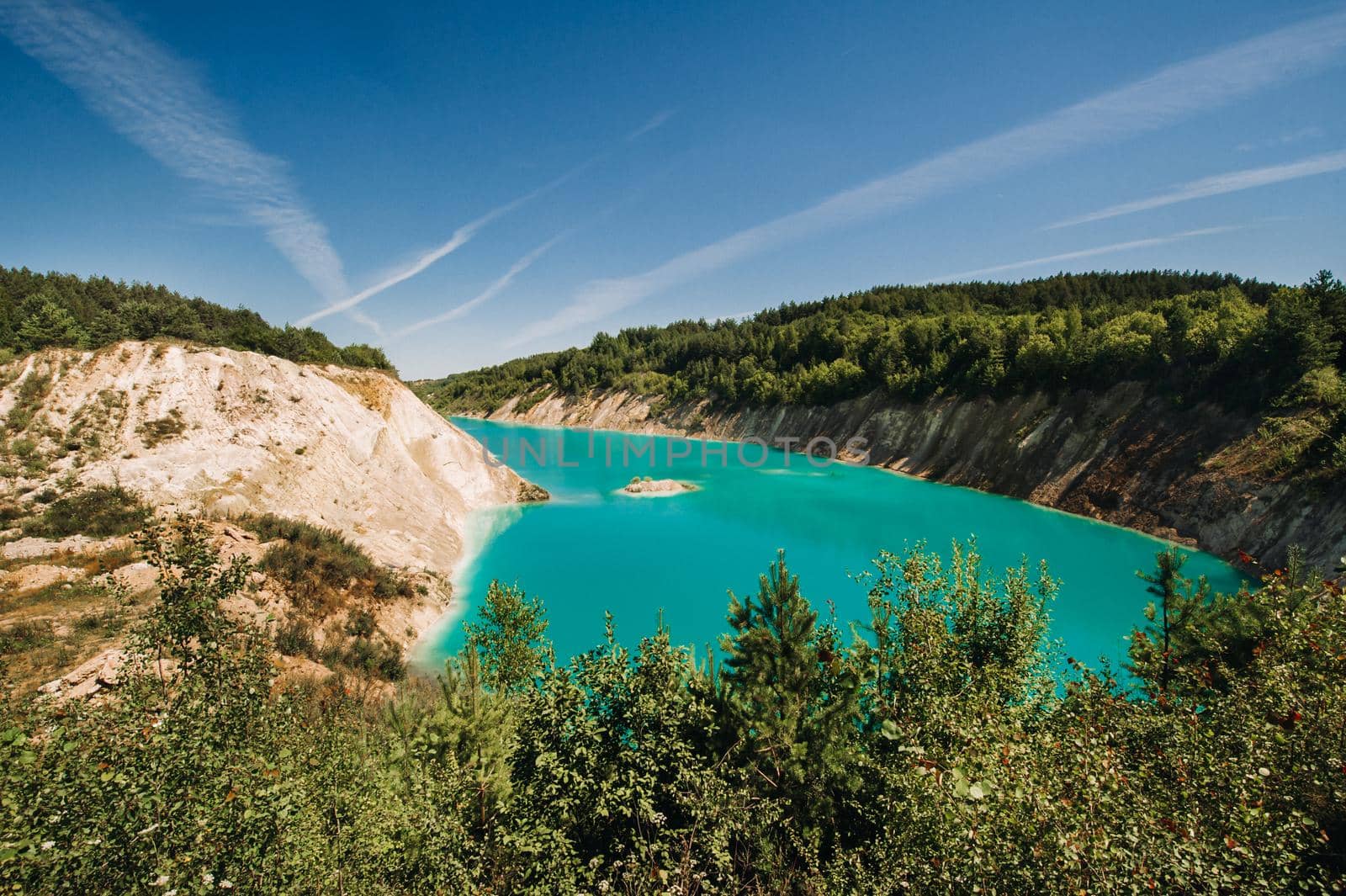 Volkovysk chalk pits or Belarusian Maldives beautiful saturated blue lakes. Famous chalk quarries near Vaukavysk, Belarus. Developed for the needs of Krasnaselski plant construction materials.