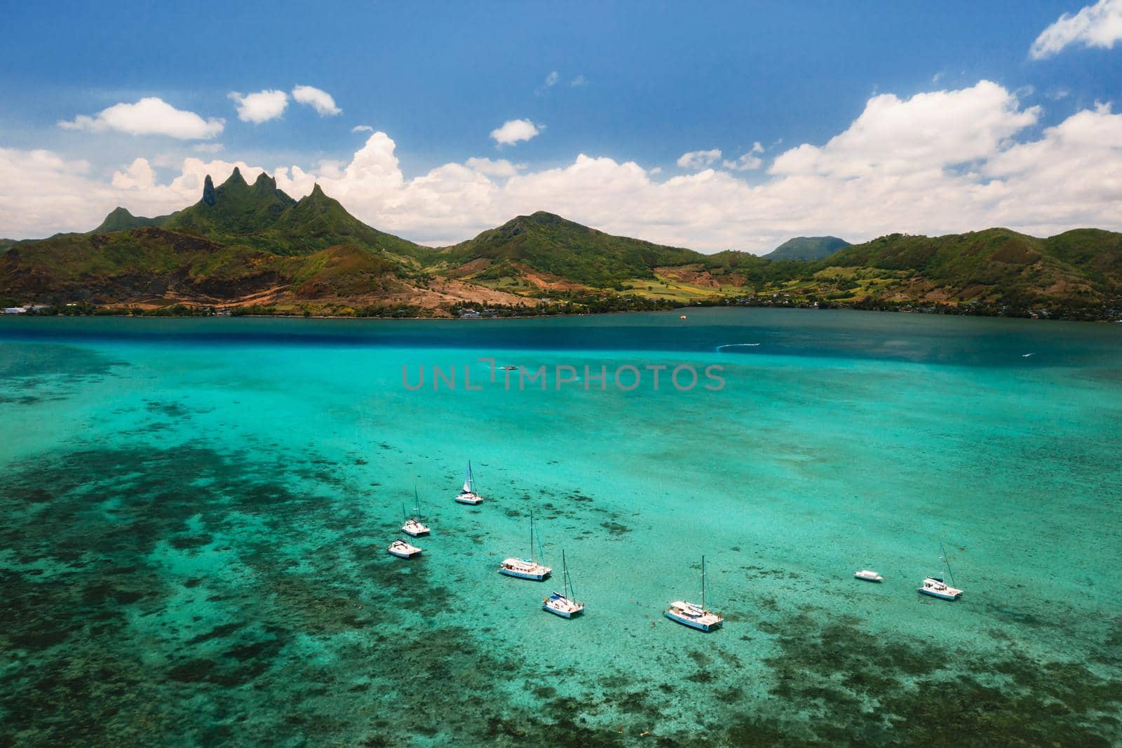 The view from the bird's eye view on the coast of Mauritius. Amazing landscapes of Mauritius.Beautiful coral reef of the island.