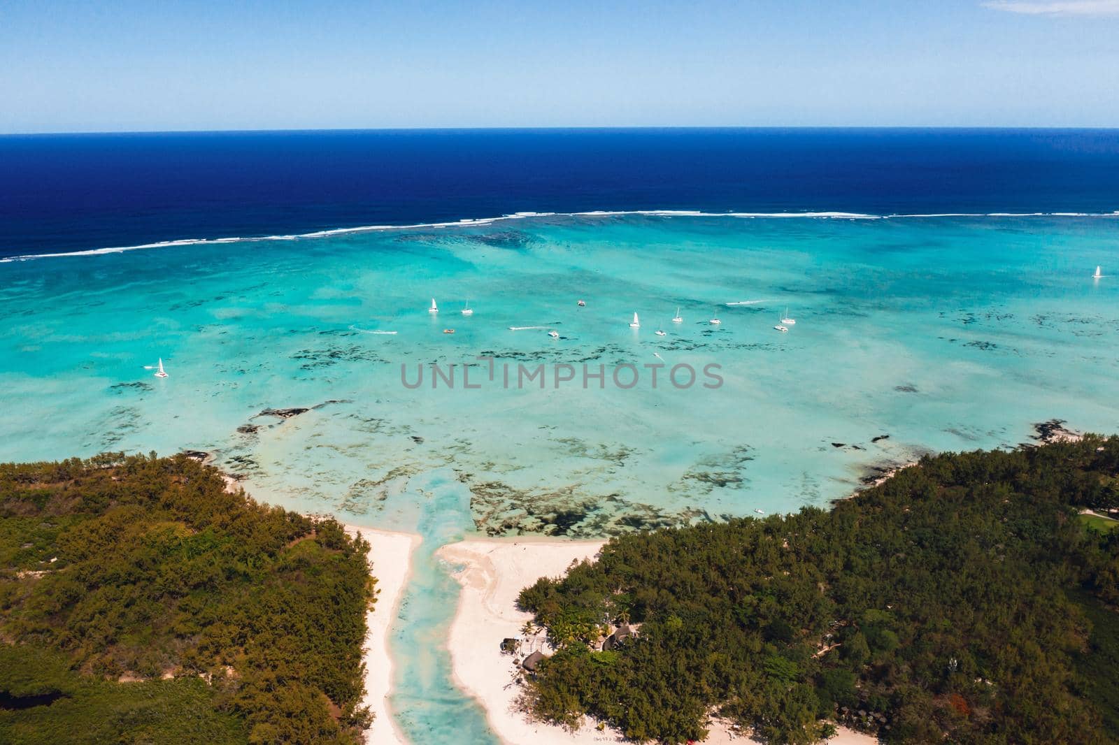 The view from the bird's eye view on the coast of Mauritius. Amazing landscapes of Mauritius.Beautiful coral reef of the island by Lobachad