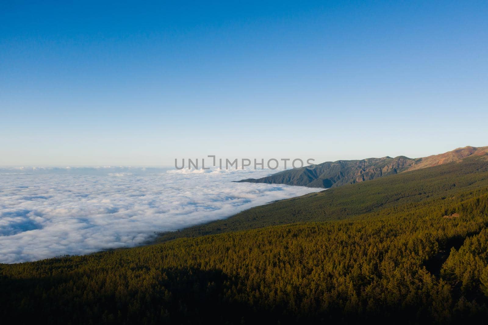 Cloud sea under mount Teide in Tenerife, aerial View over clouds on the island of Tenerife. Canary Islands, Spain.