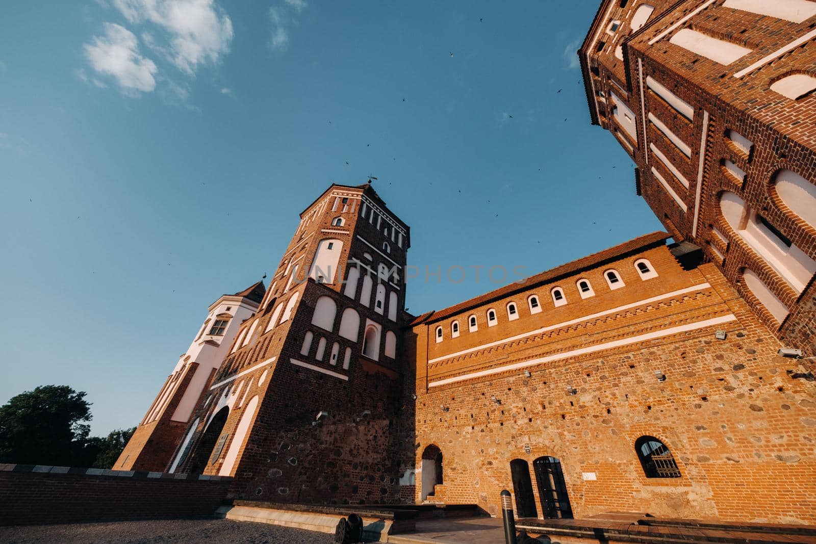 Mir castle with spires near the lake bottom view in Belarus near the city of Mir by Lobachad