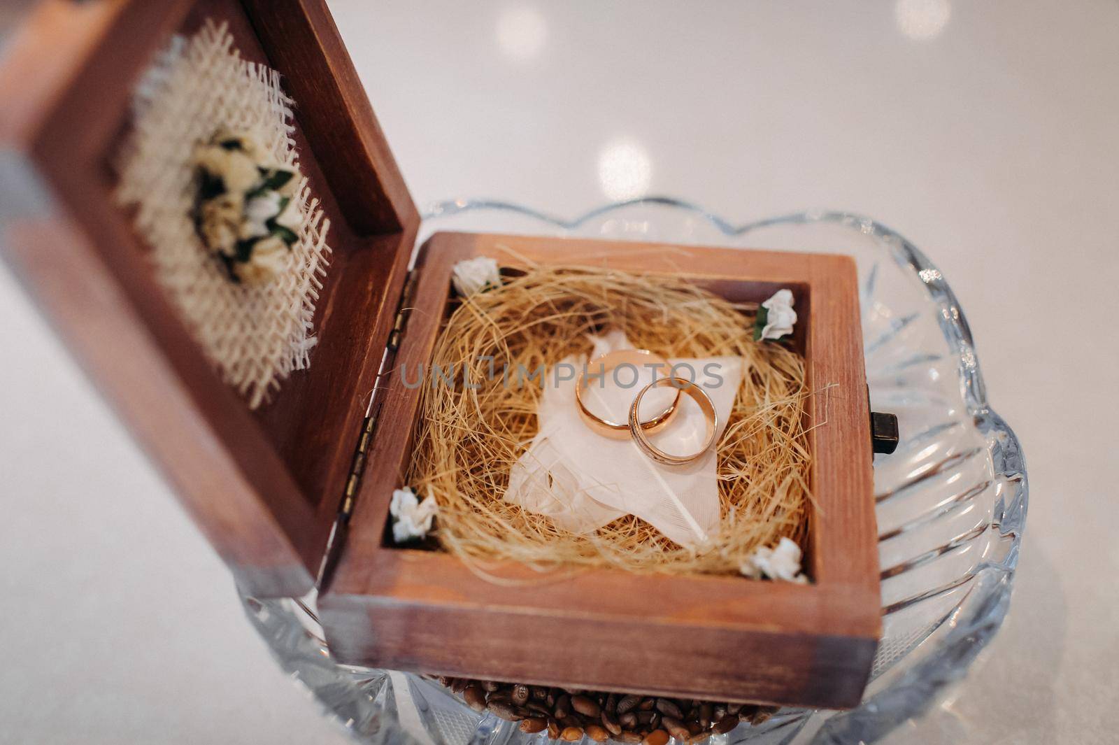 Wedding rings in the jewelry box at the wedding ceremony.