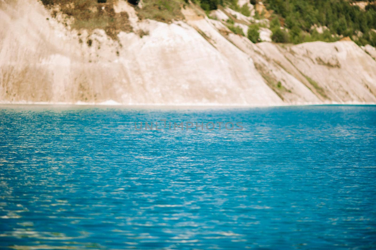 Volkovysk chalk pits or Belarusian Maldives beautiful saturated blue lakes. Famous chalk quarries near Vaukavysk, Belarus. Developed for the needs of Krasnaselski plant construction materials.