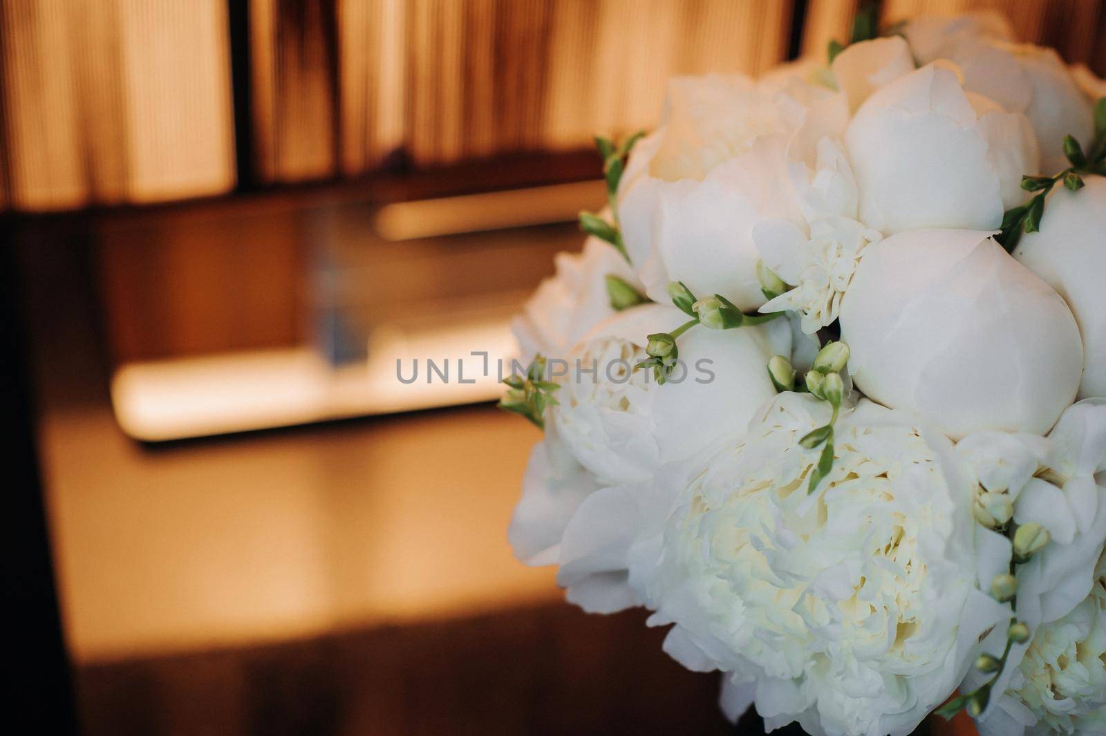 wedding bouquet with peonies at the wedding.Beautiful bouquet of flowers.