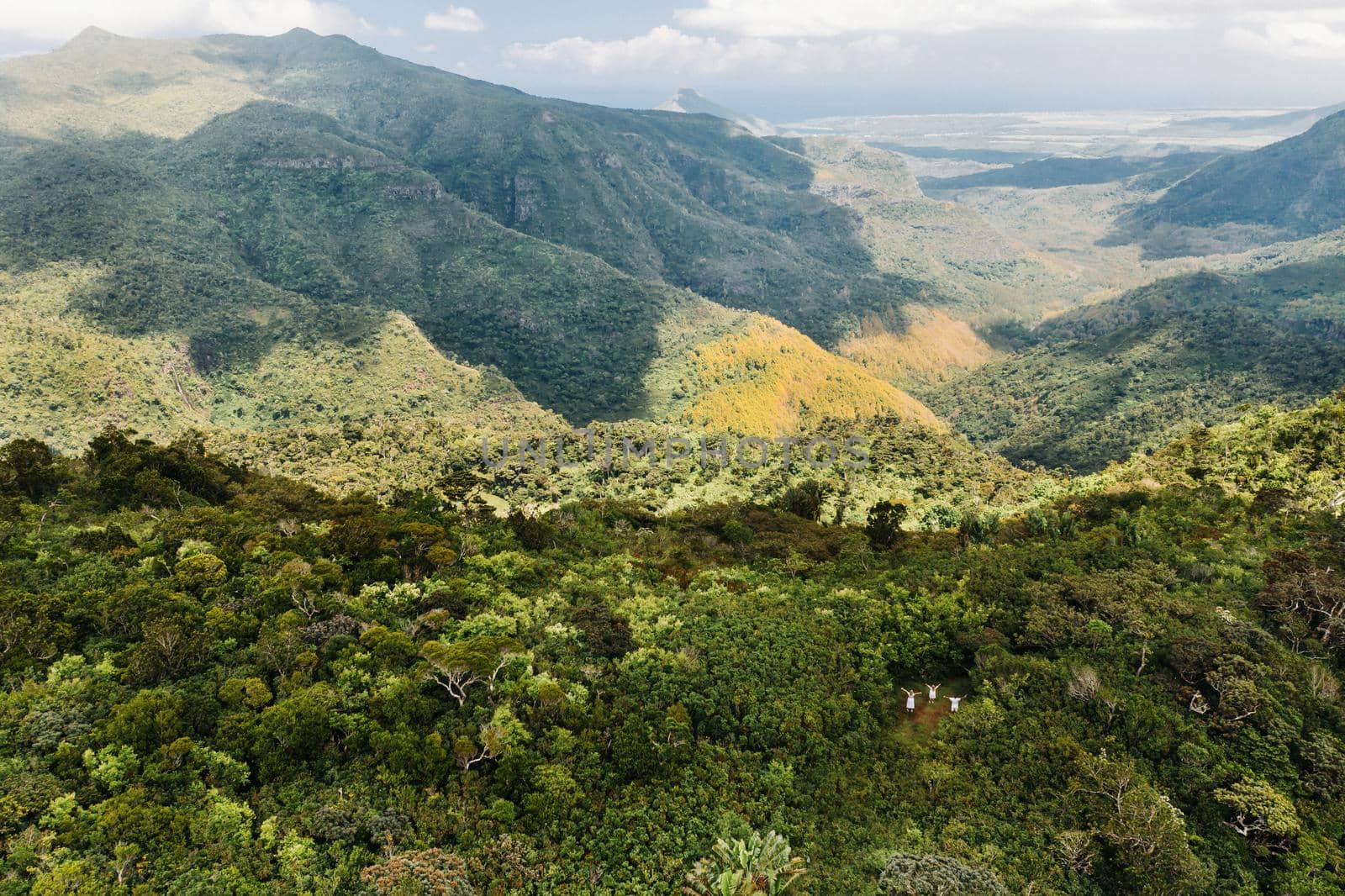 Aerial view of mountains and fields in Mauritius island