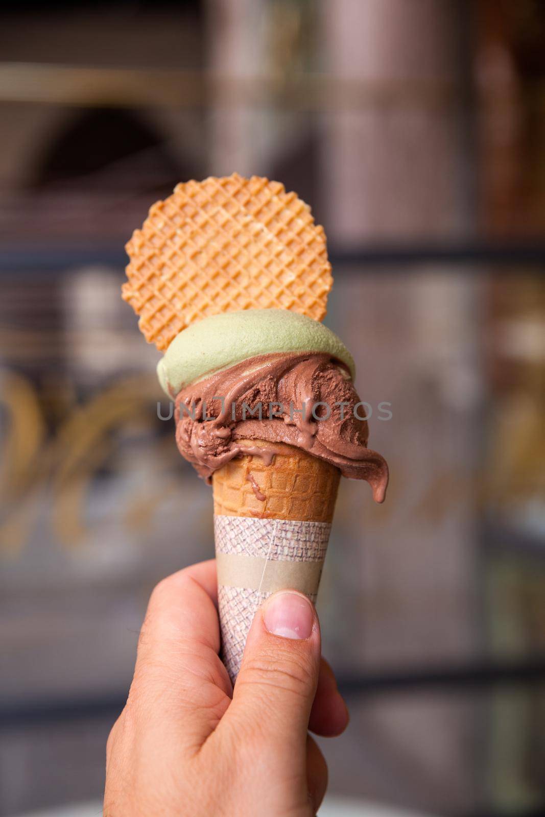 Close up of chocolate and pistachio icecream