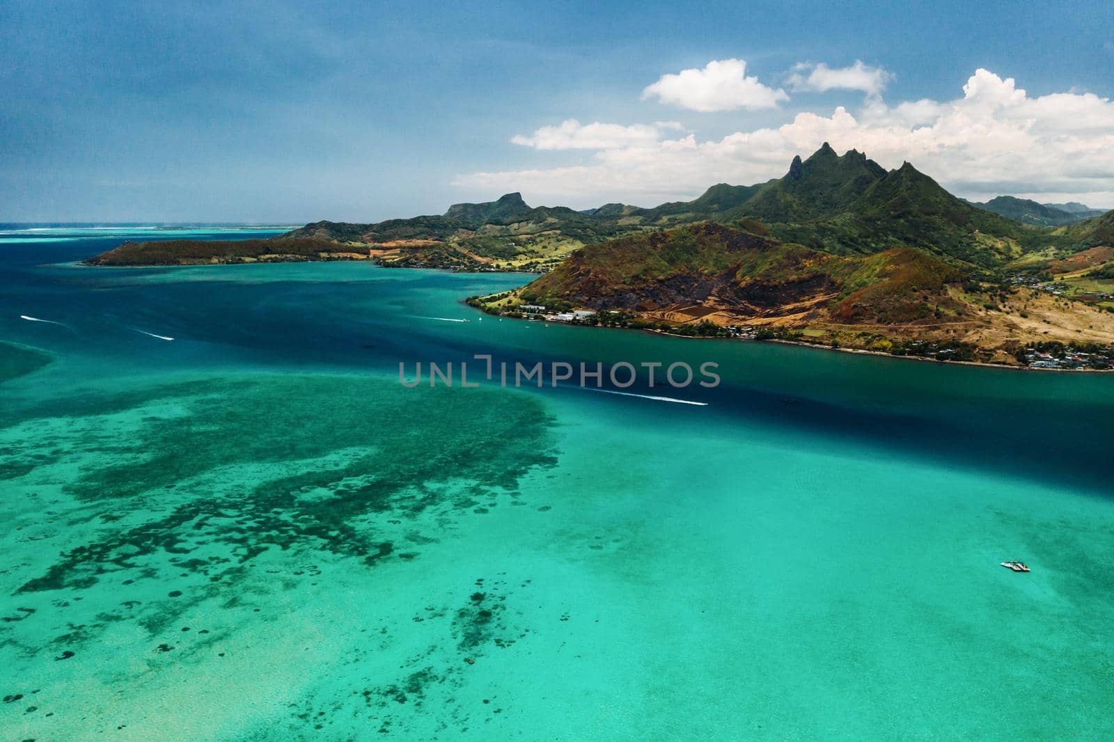 The view from the bird's eye view on the coast of Mauritius. Amazing landscapes of Mauritius.Beautiful coral reef of the island by Lobachad