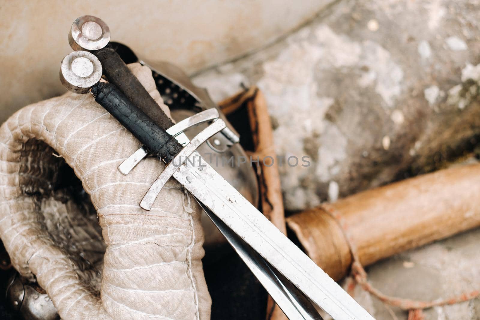 Beautiful swords lying on the knight's equipment, performance in the Nesvizh castle.