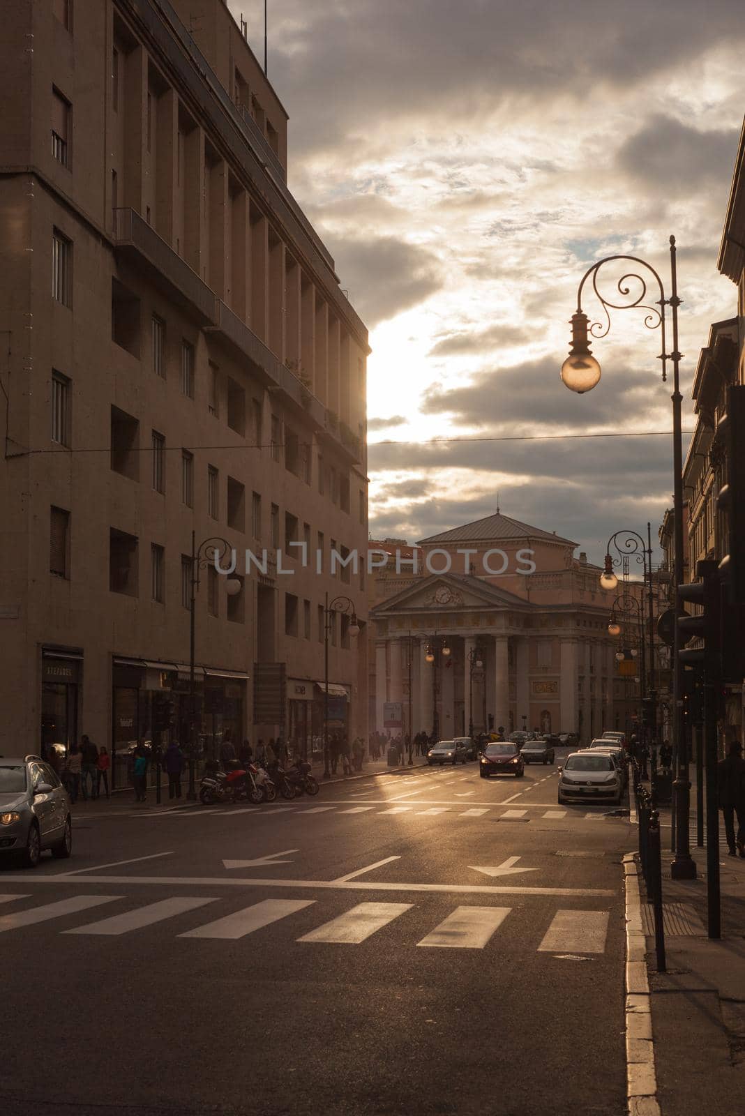 TRIESTE, ITALY - MAY, 01: View of Borsa square in Trieste at sunset on May 01, 2016