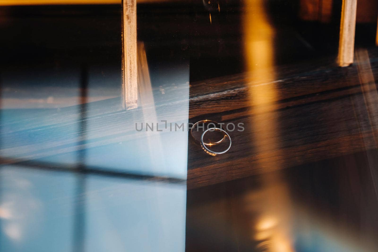 Close-up of two gold wedding rings for a wedding.