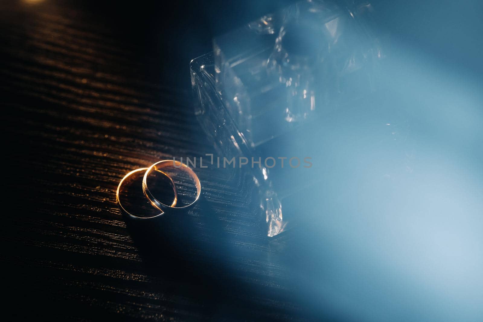 Close-up of two gold wedding rings for a wedding.