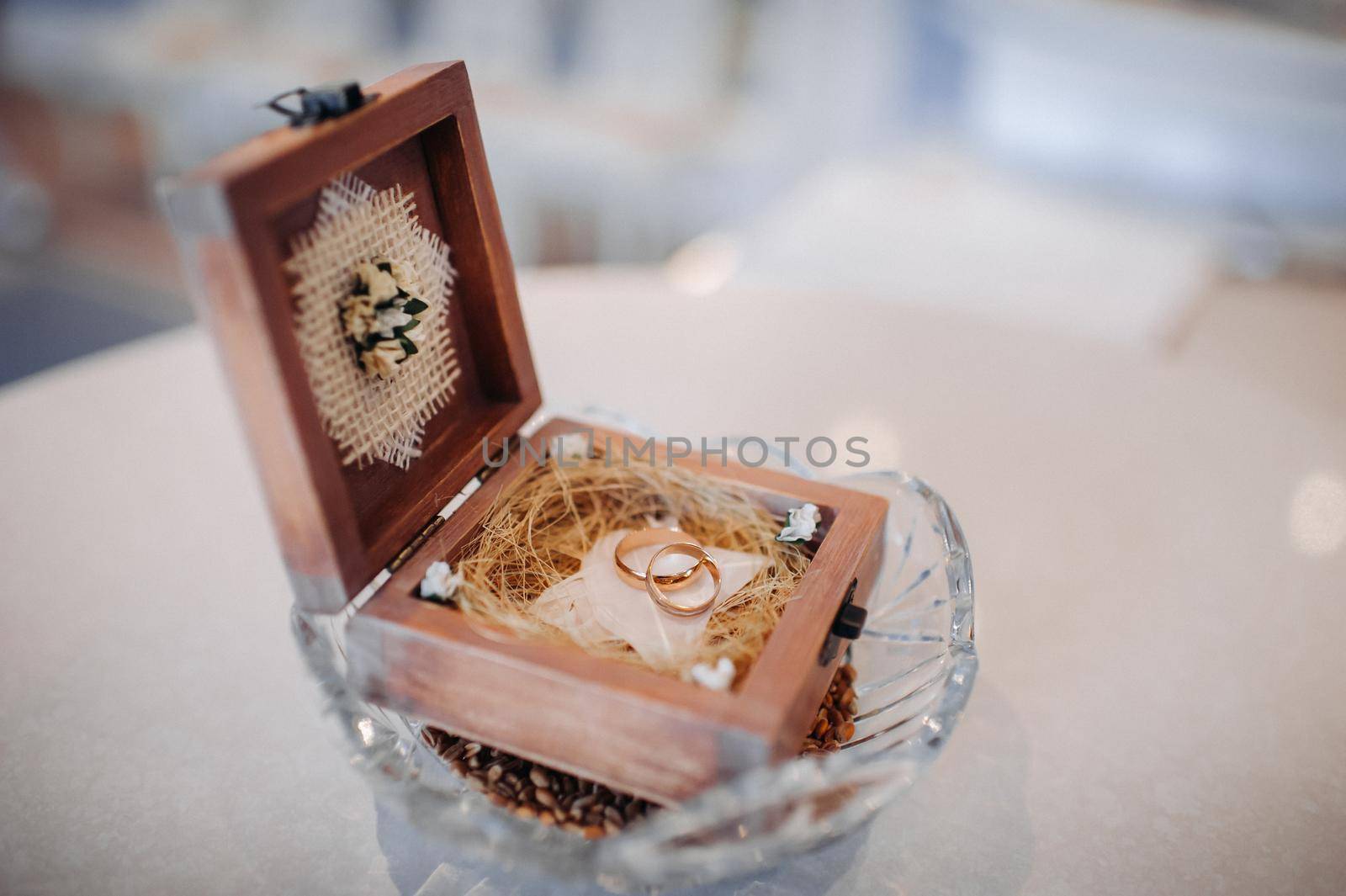 Wedding rings in the jewelry box at the wedding ceremony.