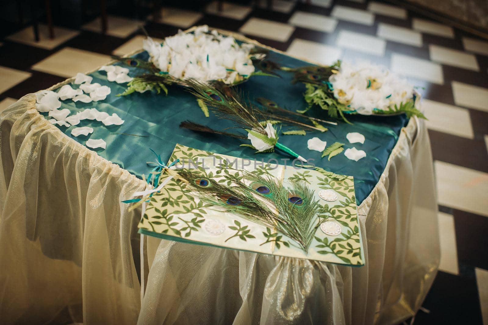 wedding table decoration with flowers on the table in green style, dinner table decor.