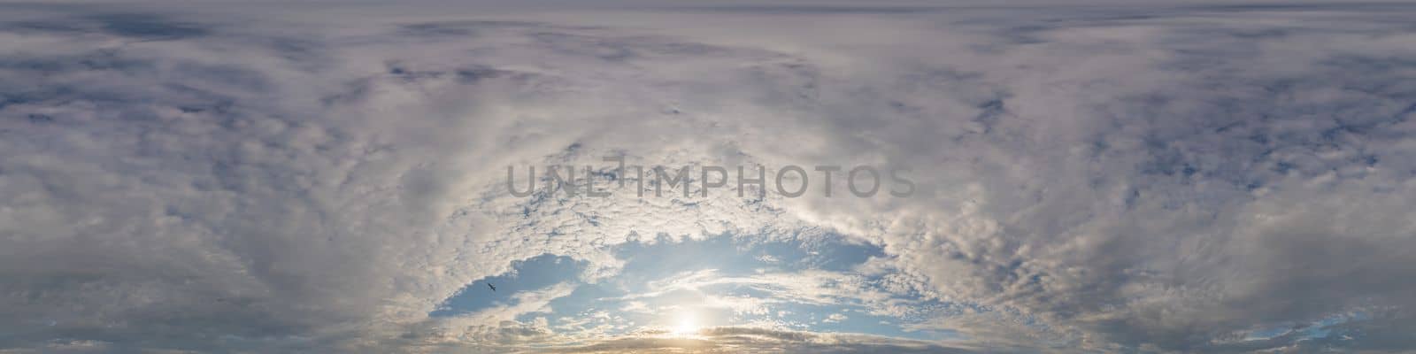 Dark blue sunset sky panorama with pink Cumulus clouds. Seamless hdr 360 pano in spherical equirectangular format. Full zenith for 3D visualization, game, sky replacement for aerial drone panoramas