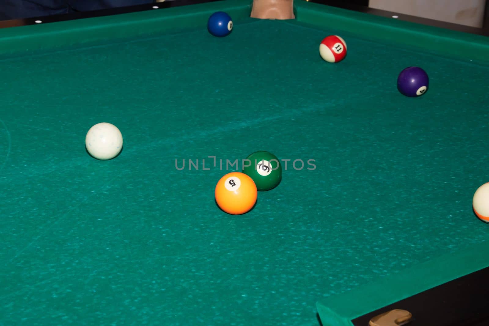 Billiard balls on a green table close up