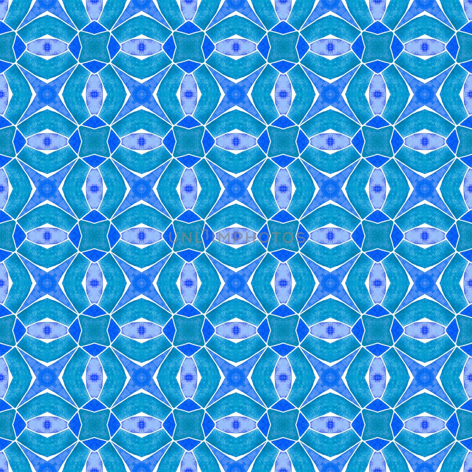 Textile ready bewitching print, swimwear fabric, wallpaper, wrapping. Blue awesome boho chic summer design. Ikat repeating swimwear design. Watercolor ikat repeating tile border.