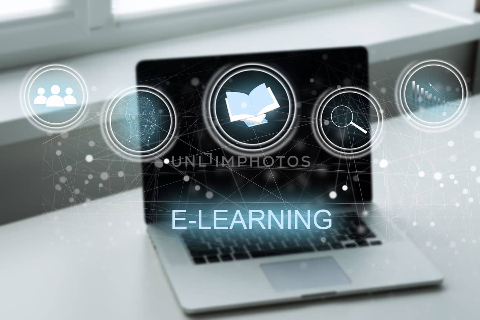 E-learning education, internet lessons and online webinar. Person who attends online lessons on a digital screen. Education internet Technology. by Andelov13
