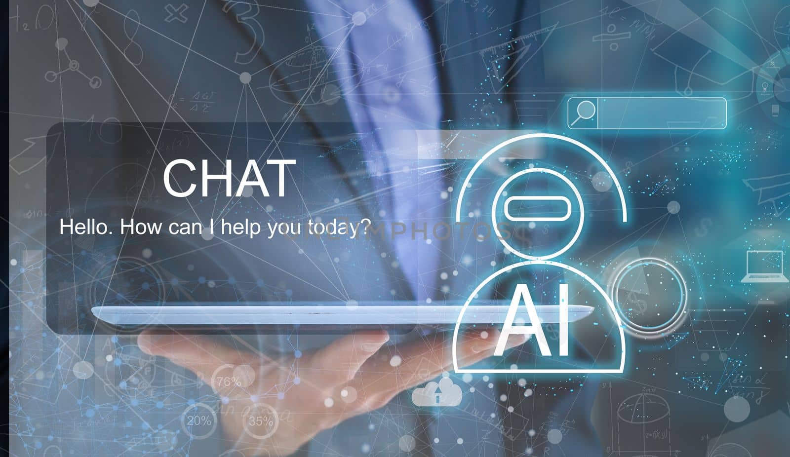 Businessman using chatbot in smartphone intelligence Ai. Chat with AI Artificial Intelligence, developed by AI generate. Futuristic technology, robot in online system