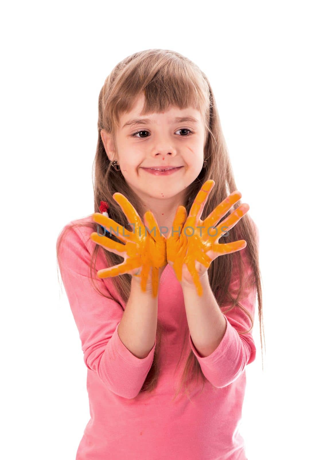 The child is drawing. Children's painting. Little girl draws the sun. Arts and crafts for children. Paint on children's hands. Creative little artist at work. Isolated on a white background by aprilphoto