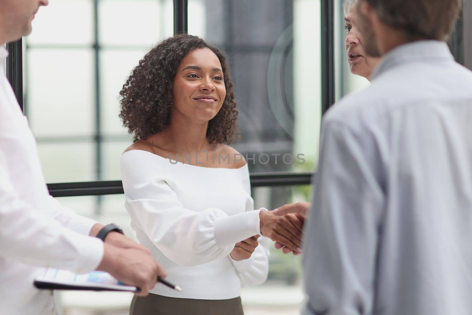 Smiling multiethnic businesspeople shaking hand in office.
