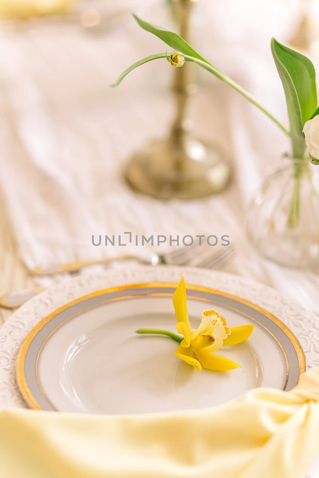 Beautiful table setting with fresh sunflowers on color background with space for text.Beautiful table setting with floral decor