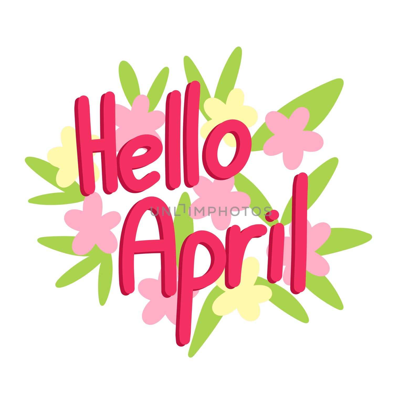 Hello April hand drawn illustration. Spring sticker banner card greeting in pastel colors with flowers leaves nature colorful flora, scrapbooking bullet journal label, lettering calligraphy words