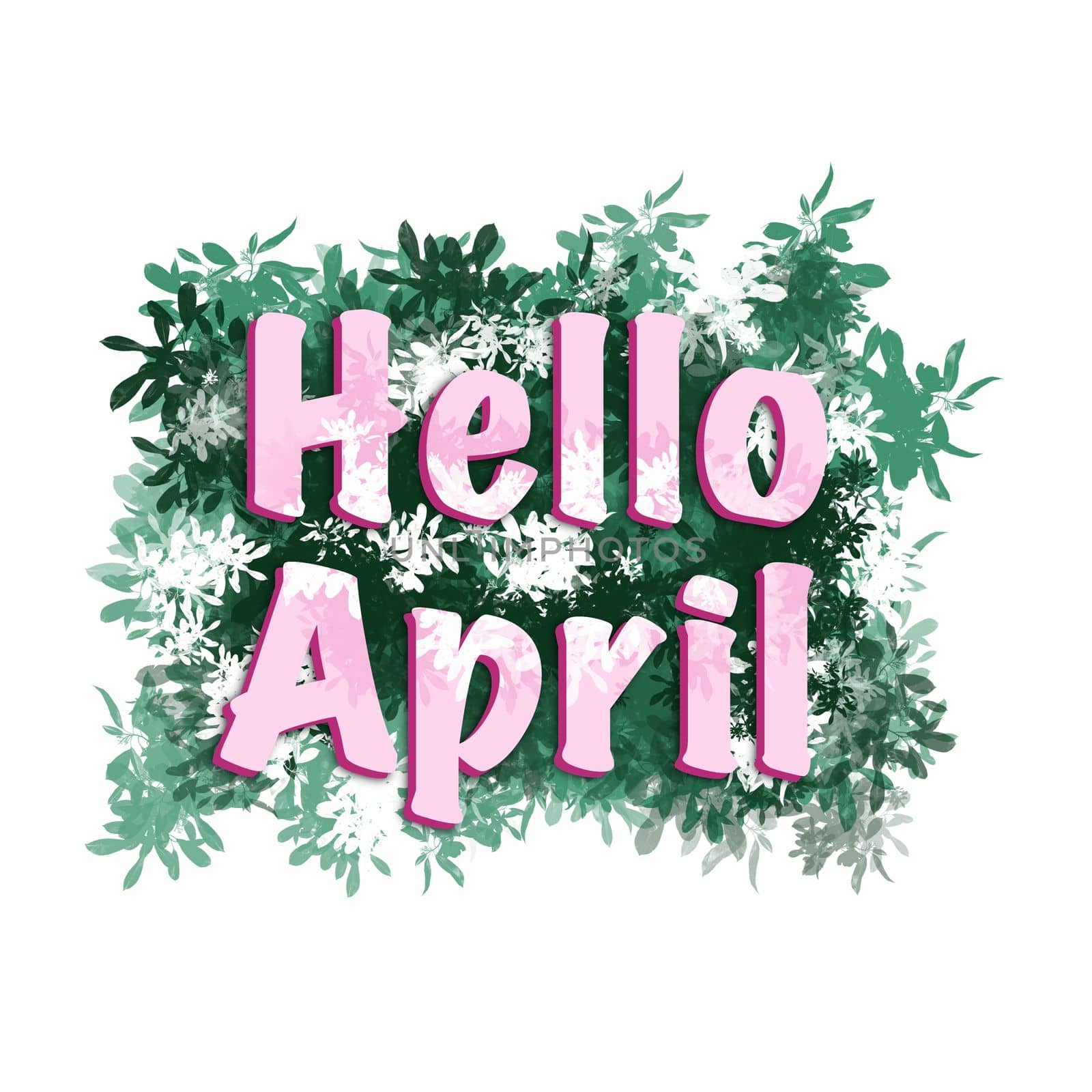 Hello April hand drawn illustration. Spring sticker banner card greeting in pastel colors with flowers leaves nature colorful flora, scrapbooking bullet journal label, lettering calligraphy words