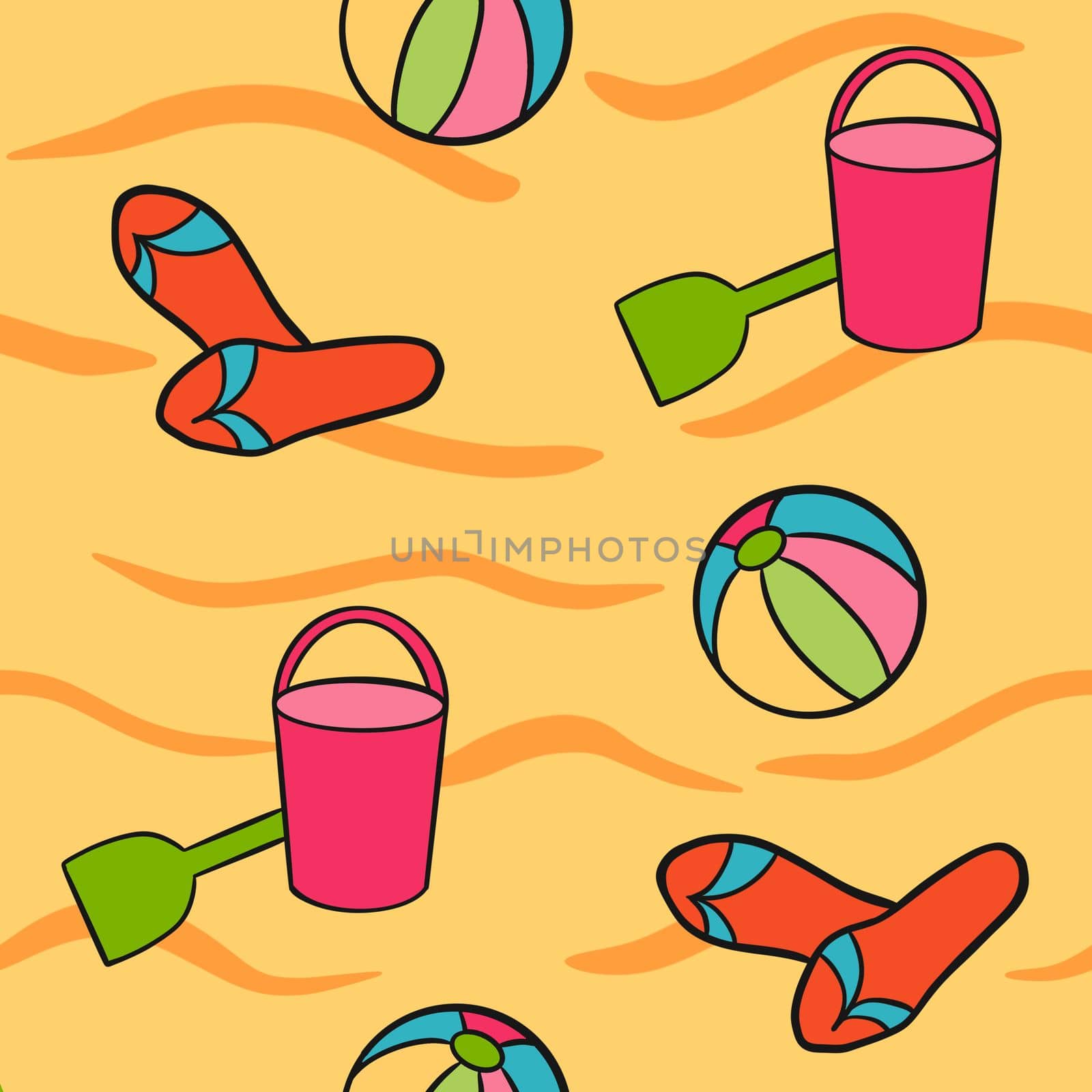 Hand drawn seamless pattern with summer beach toys on yellow sand. Red flip flops green shovel pink bucket blue ball, kids children sea ocean relax vacation game, funny travel holiday swim bright design