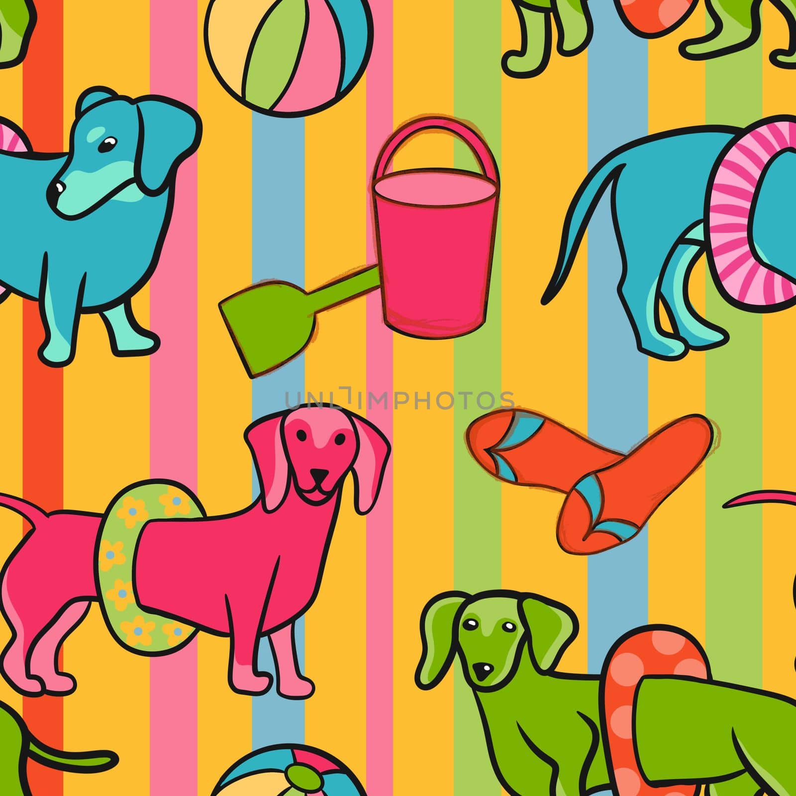 Hand drawn seamless pattern with dachshund dogs pets on summer ocean sea beach. Cute animals with swim ring toys on sand ball shovel relax, flip flops in pink green yellow on striped background, textile for dogs bandana clothes. by Lagmar