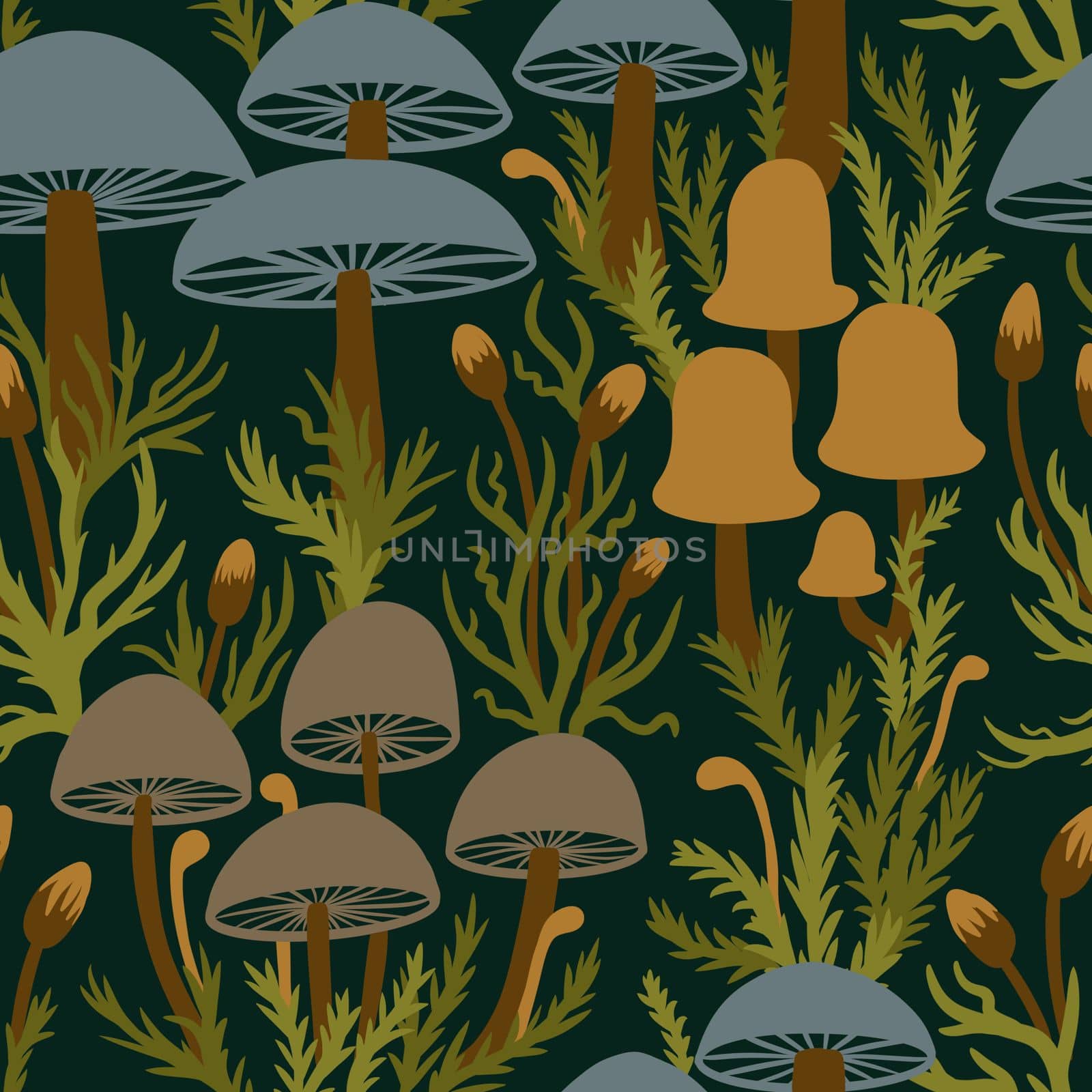 Hand drawn seamless pattern with forest mushroom fungi in grey blue brown on dark green moss background. Toadstool toxic fungi caps poisonous herbs wood woodland, witch concept, fall autumn flora design. by Lagmar