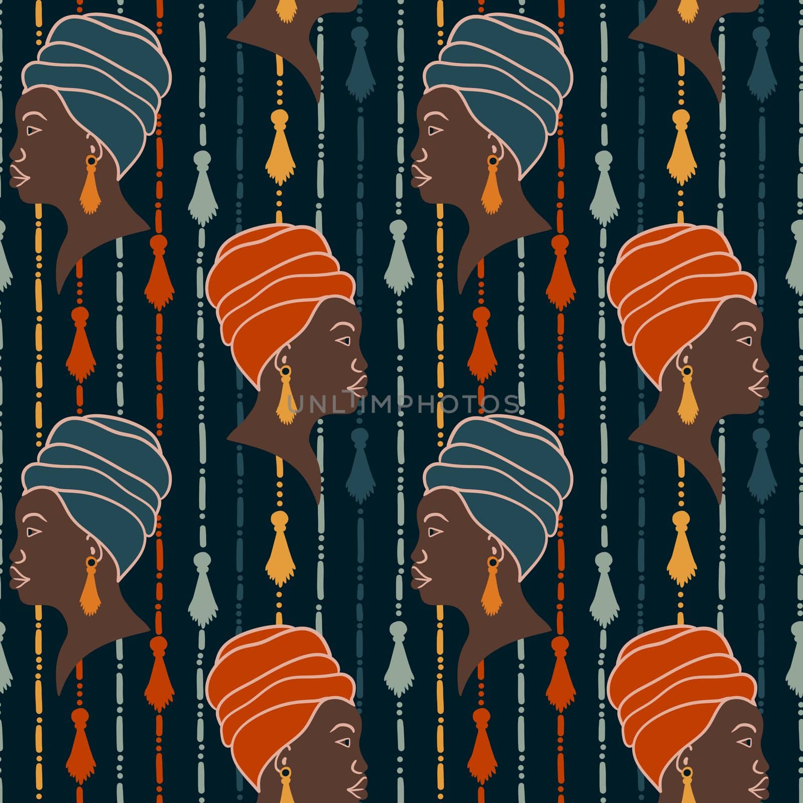 Hand drawn seamless pattern with black african american women with ethnic tassel earrings and headwrap. Blue orange profile fashion girls with abstract stripes lines dark background, ethnic black lives matter design, proud woman boss
