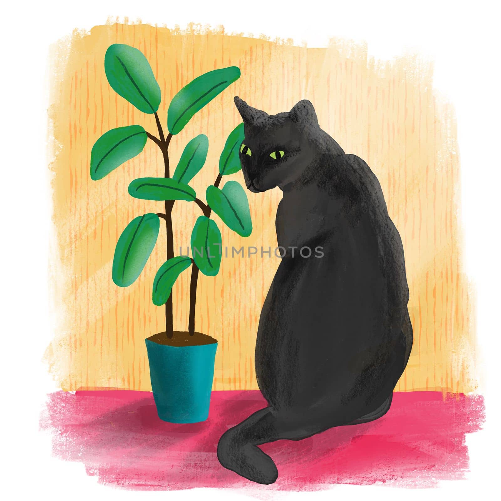 Hand drawn illsutration with black cat and flowers ficus houseplant on colorful background. Home animal feline pet cute design poster card, trendy art in loose painterly style, gift for cat lovers cat mom print. by Lagmar