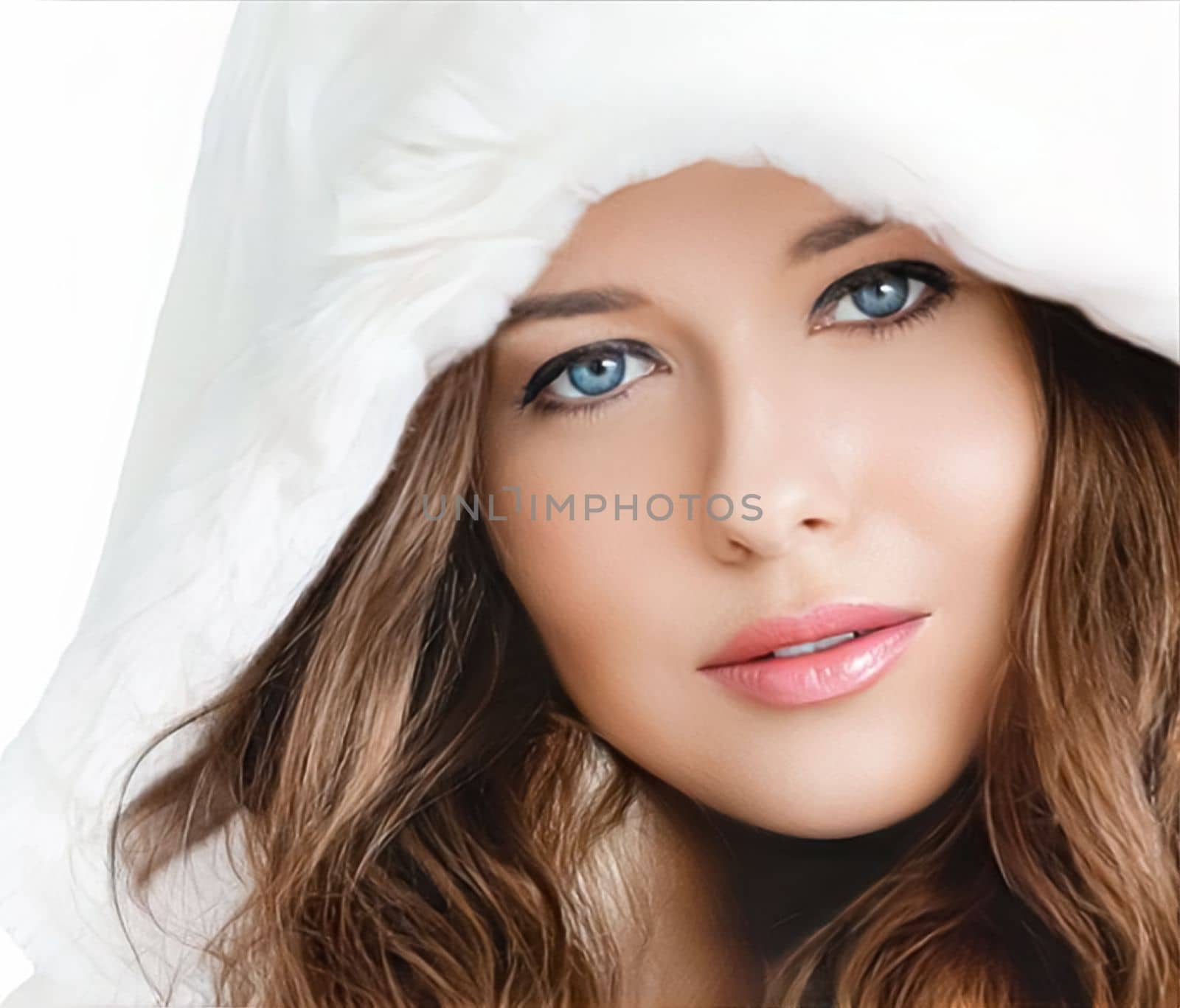 Winter fashion and beauty, beautiful woman in white fur coat by Anneleven