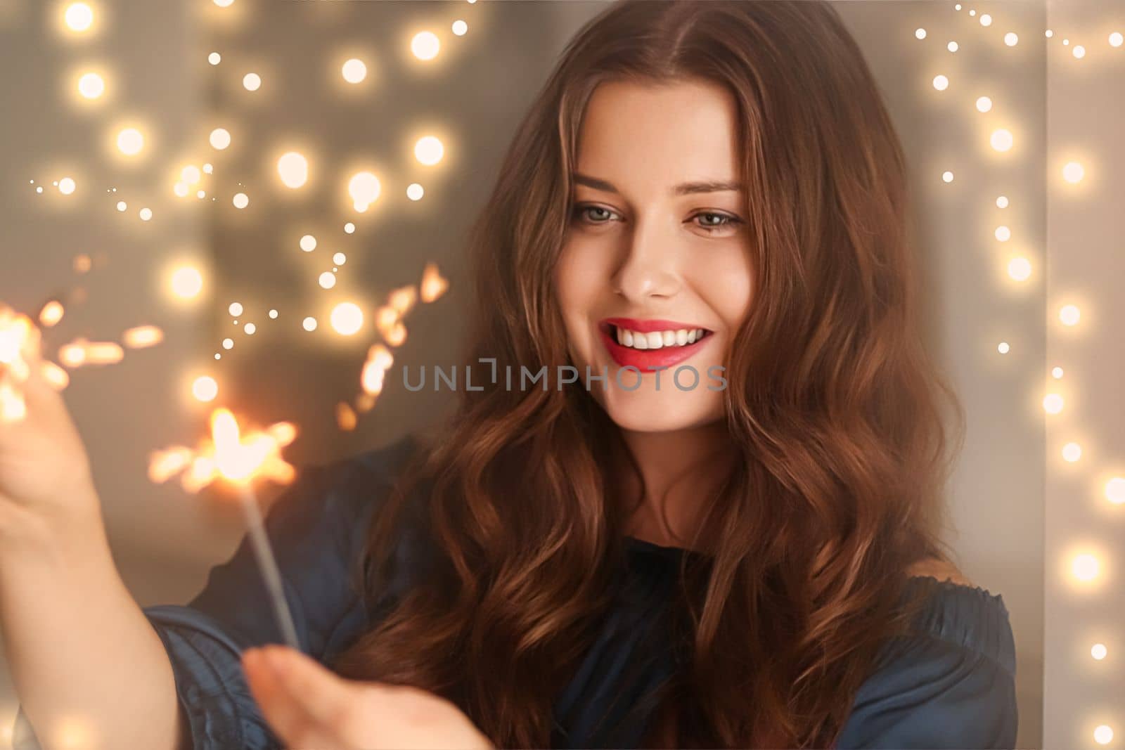 Holiday magic, Christmas and New Year celebration, happy woman with sparklers by Anneleven