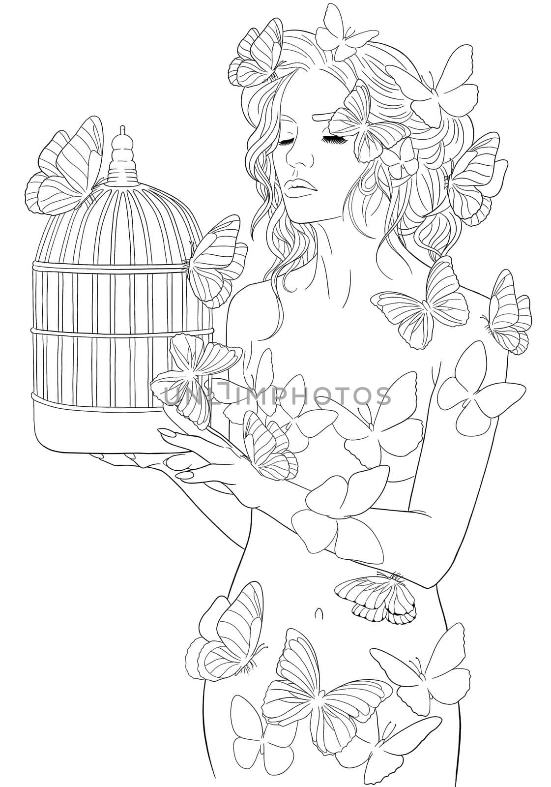 coloring page girl with butterflies for kids by kr0k0