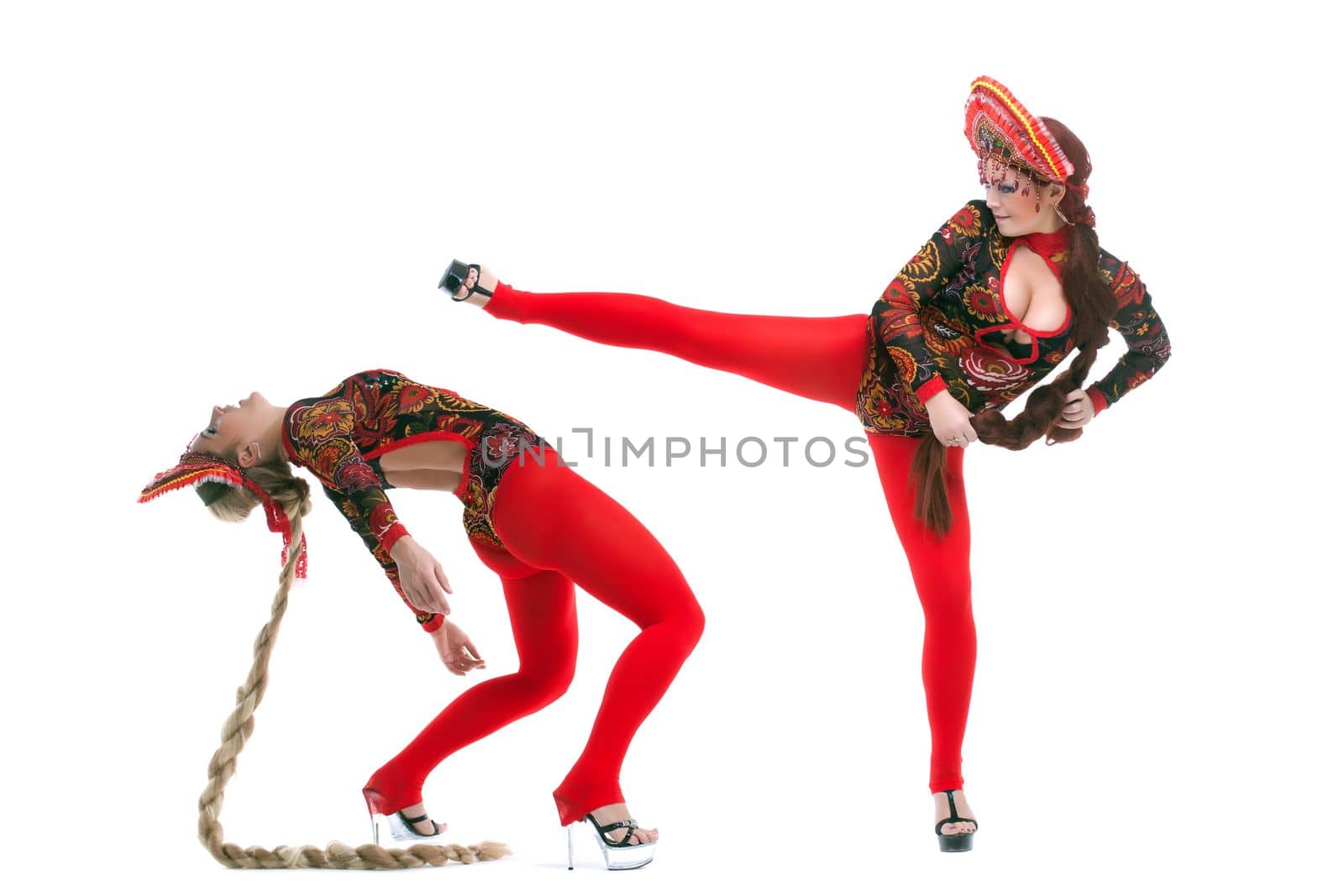 Full length portrait of russian go-go girls. Isolated on white