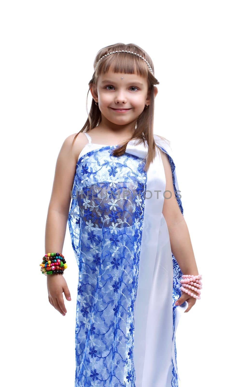 Portrait of little girl in indian costume. Isolated on white