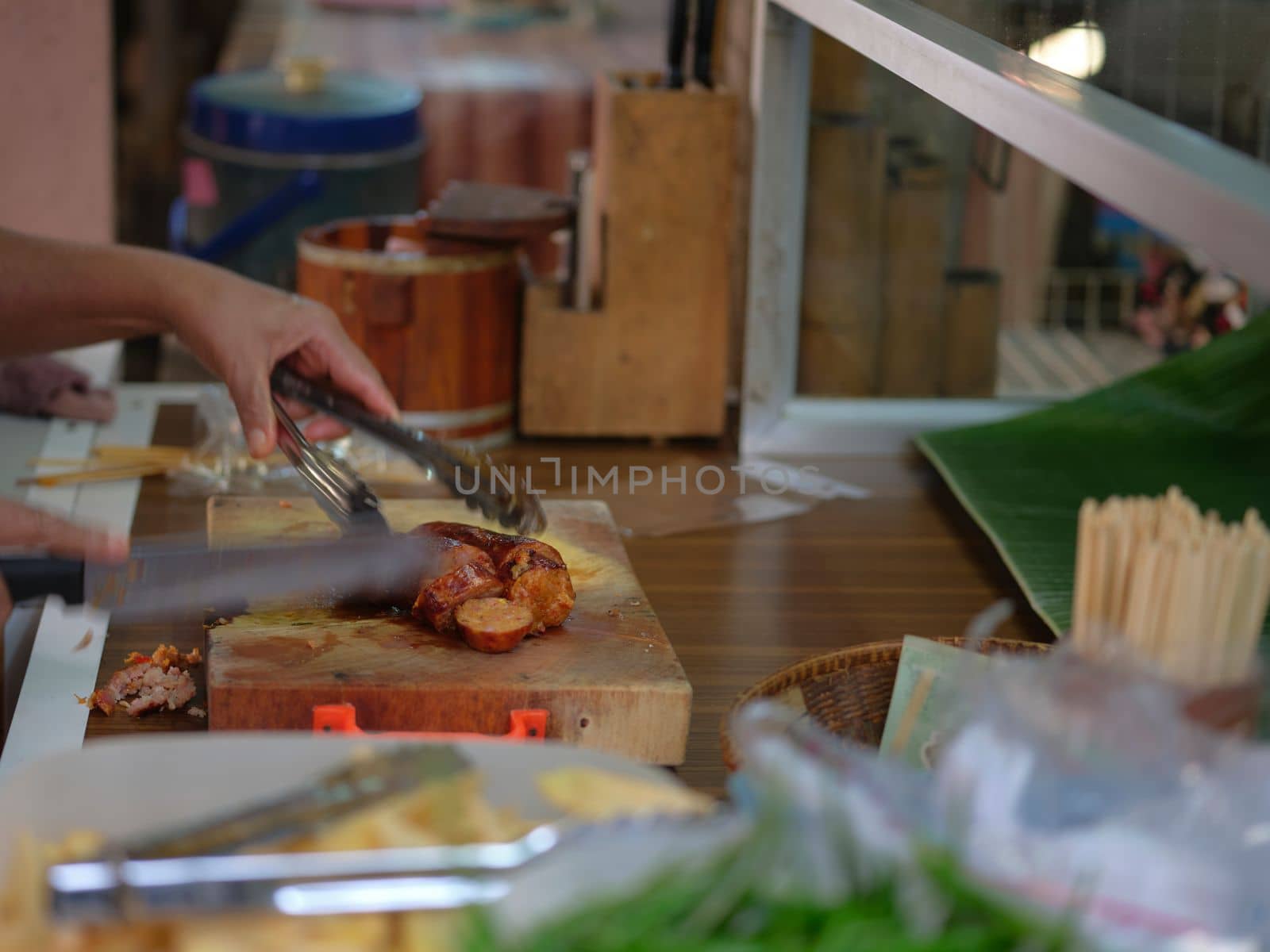Deep fried sausages of fermented pork and glutinous rice northeastern Deep fried sausages of fermented pork  . Thai food