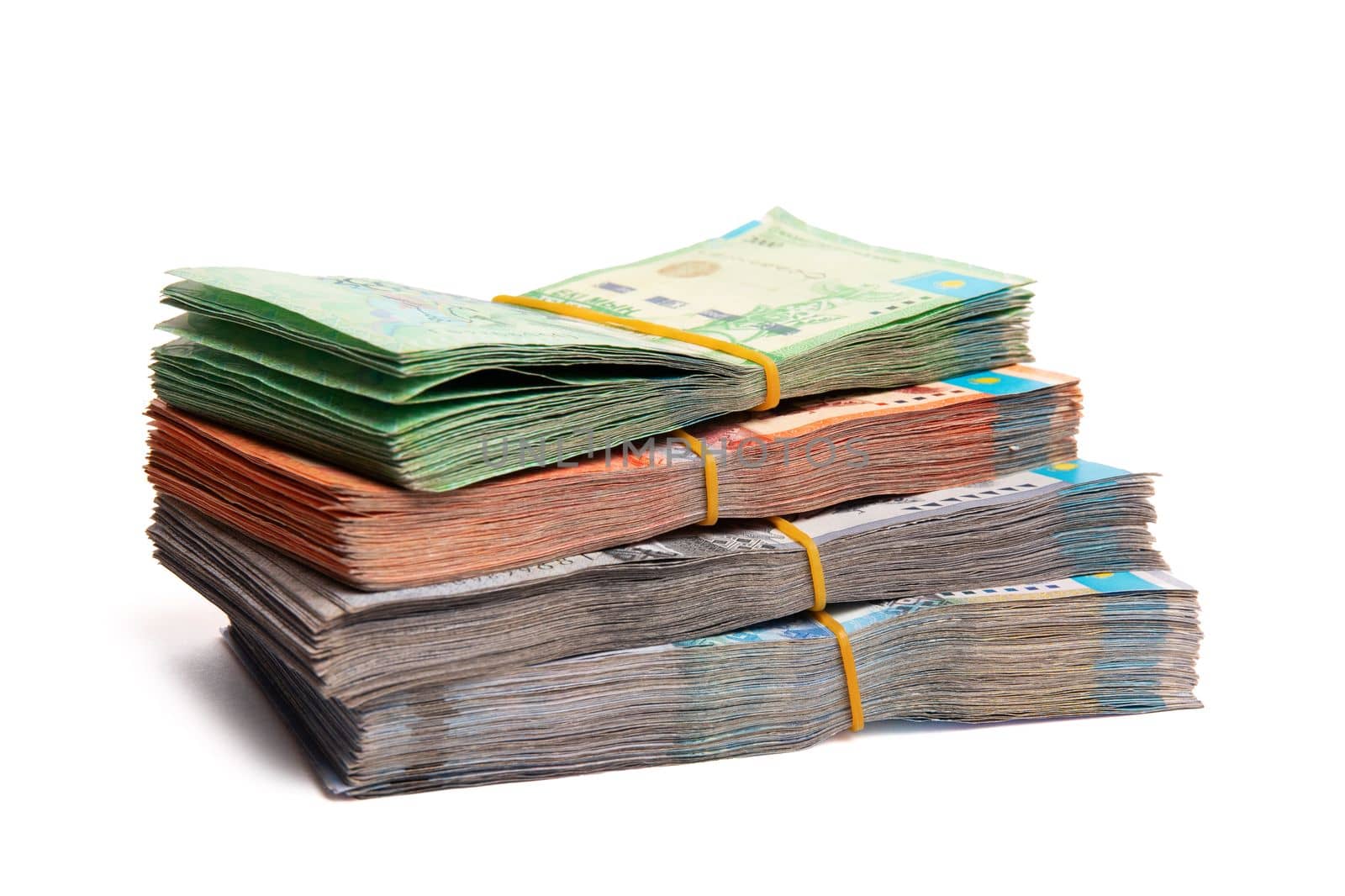 Kazakhstan tenge bills isolated on white background.