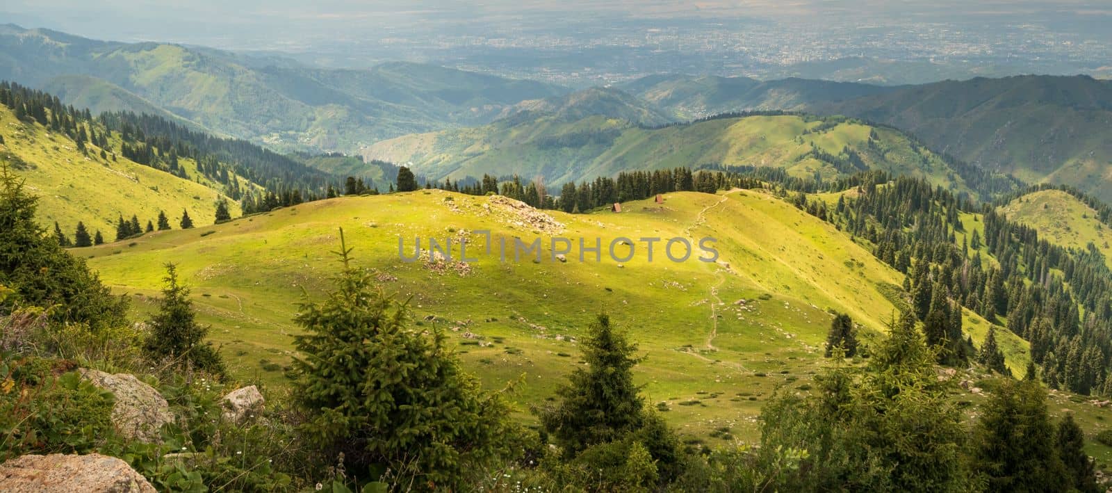 Mountain green valley in Almaty mountains, famous hiking trail in Kazakhstan.