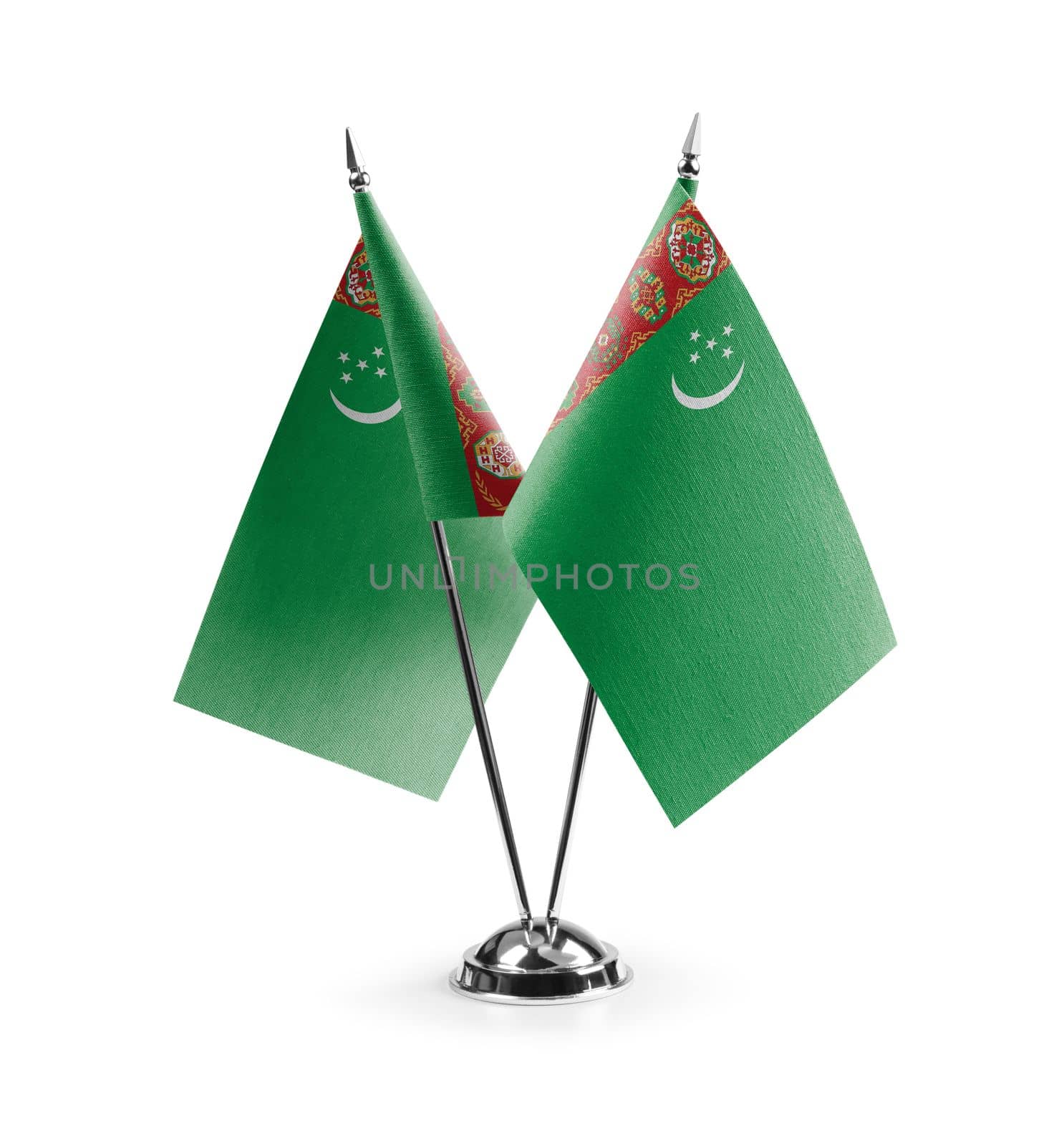 Small national flags of the Turkmenistan on a white background.