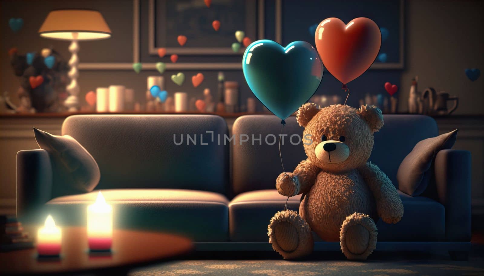 Teddy bear with a magic heart and a balloon, candle, magic shiny background in cozy living room. Background for greeting card Happy Birthday by igor010