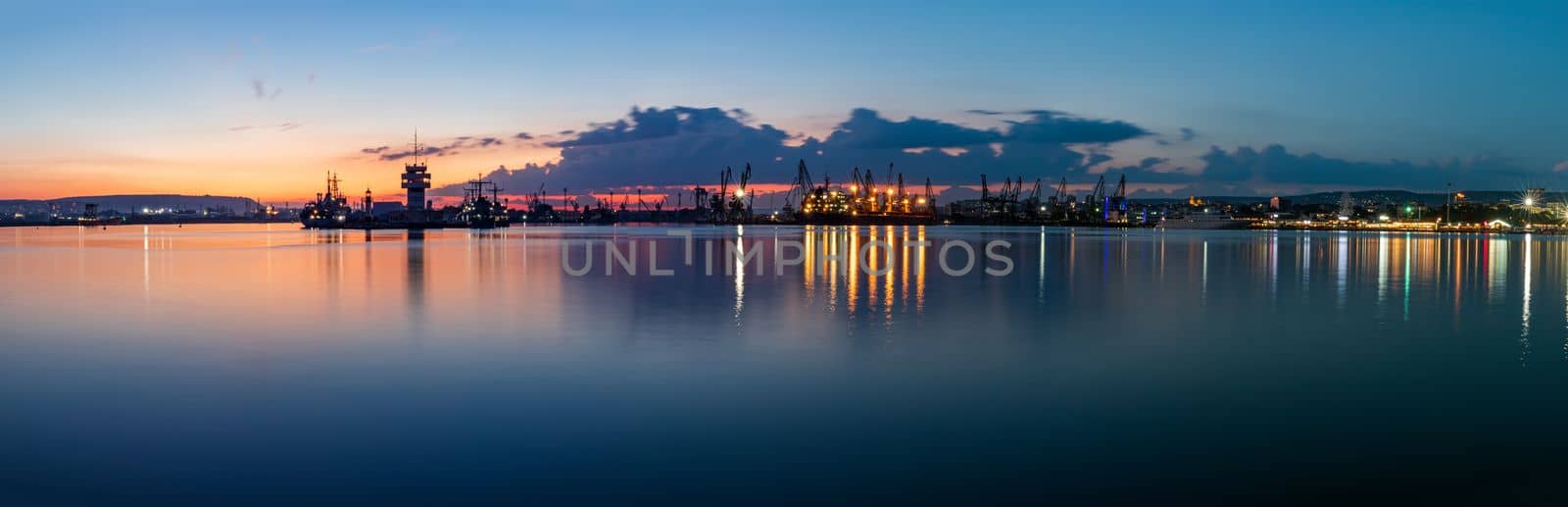 Amazing panorama of port Varna city in blue hour