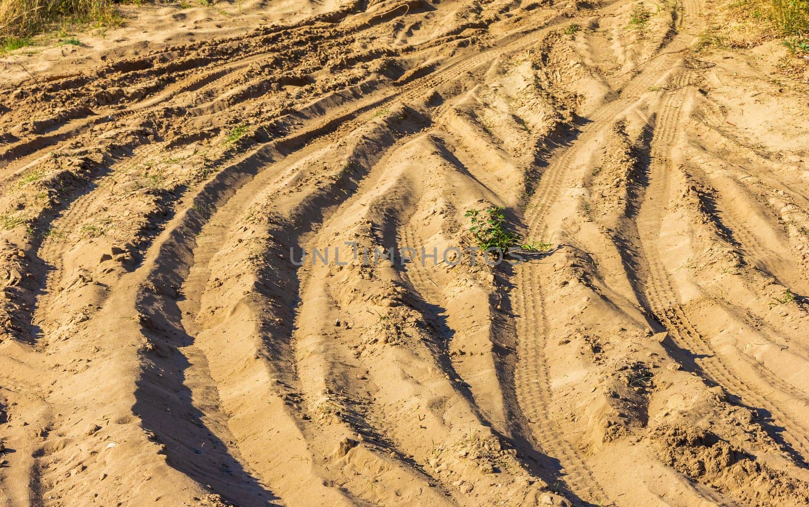 Many traces of different car tires on the sand of the sea beach. Close up