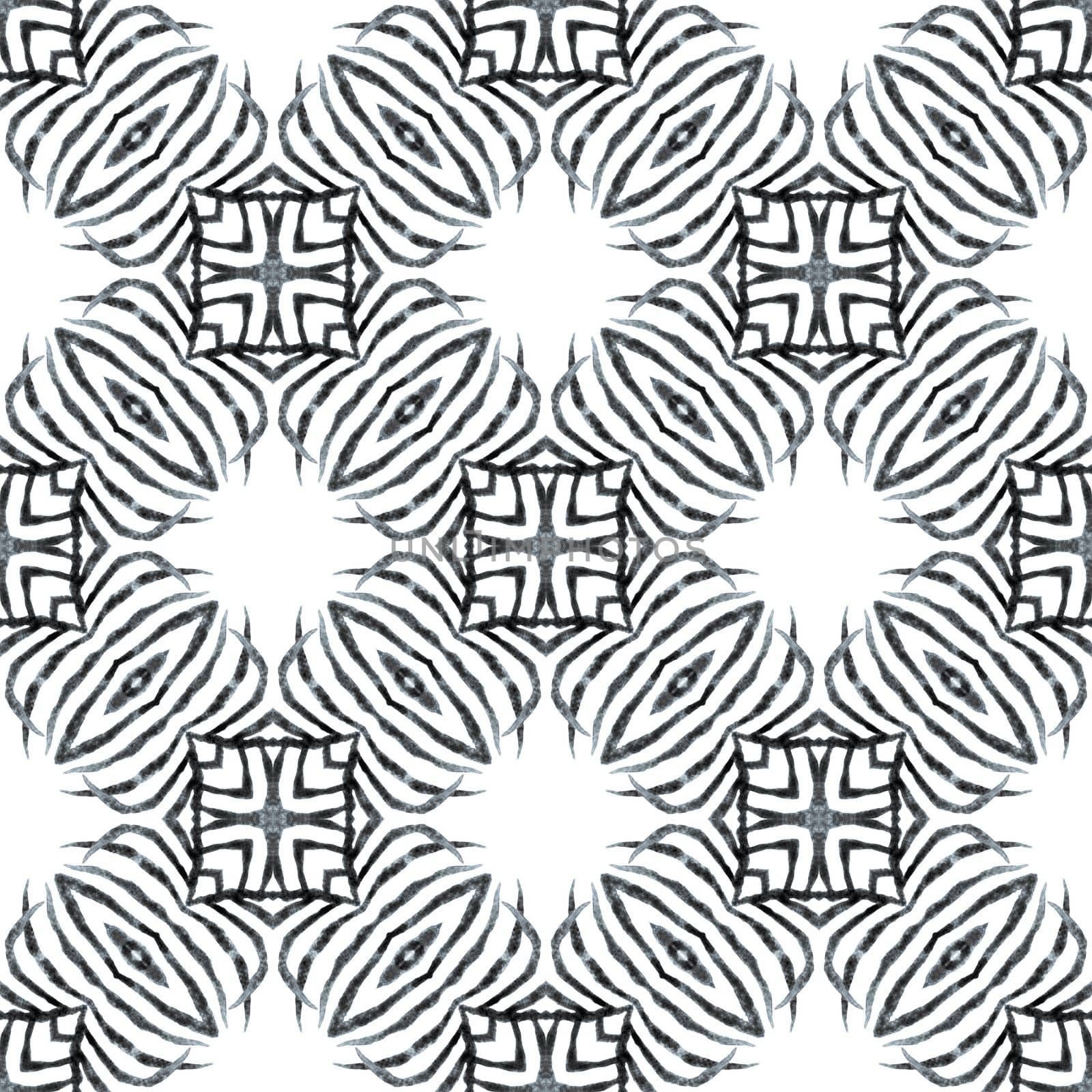 Organic tile. Black and white dramatic boho chic summer design. Trendy organic green border. Textile ready amusing print, swimwear fabric, wallpaper, wrapping.