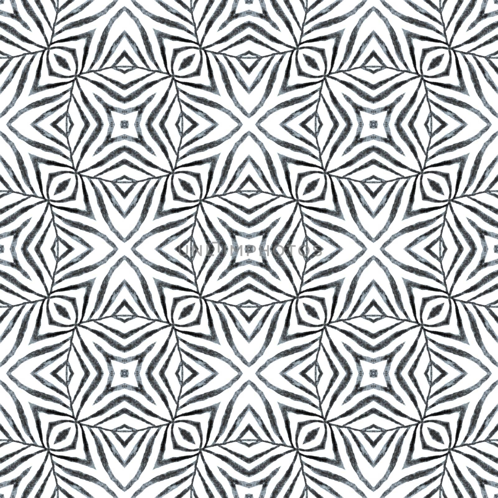 Textile ready artistic print, swimwear fabric, wallpaper, wrapping. Black and white surprising boho chic summer design. Tiled watercolor background. Hand painted tiled watercolor border.